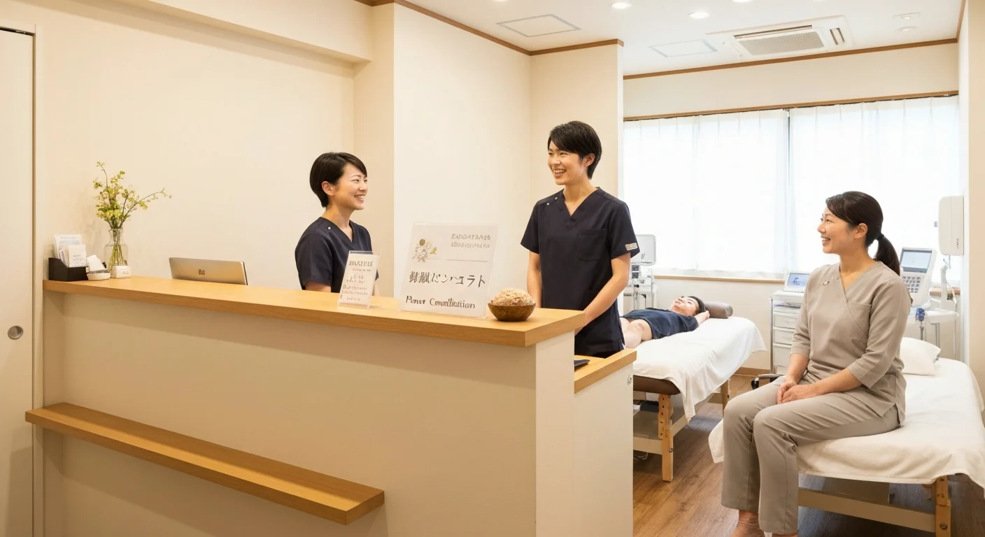 電話相談を案内する院内のカウンターと施術空間