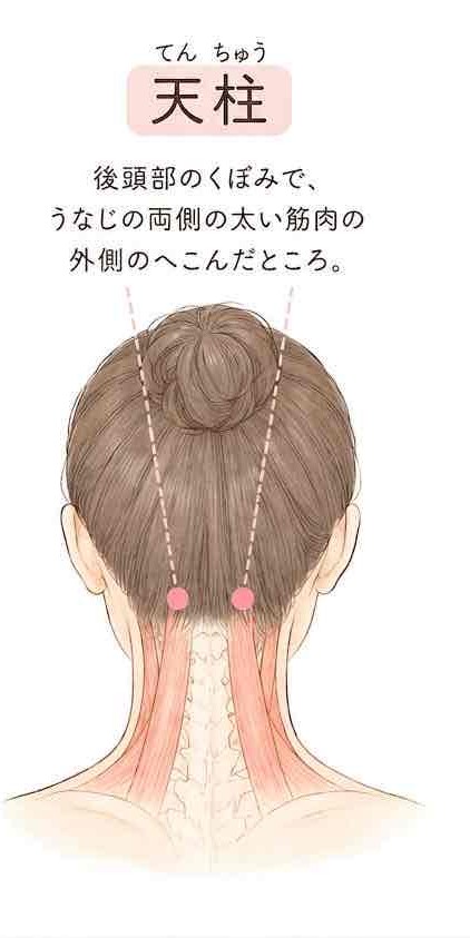 天柱(てんちゅう)の位置:後頭部のくぼみで、うなじ両側の太い筋肉の外側のへこんだところ